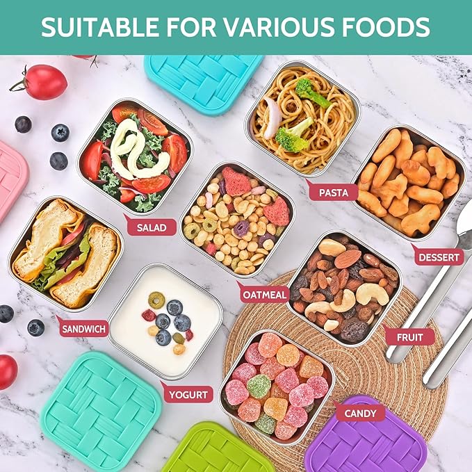 Ryrokxivi 4PC 6oz Stainless Steel Snack Containers for Kids, BPA-Free Metal Toddler Snack Containers with Silicone lids, Leakproof Reusable Lunch Containers for School, Travel, Bento, Daycare