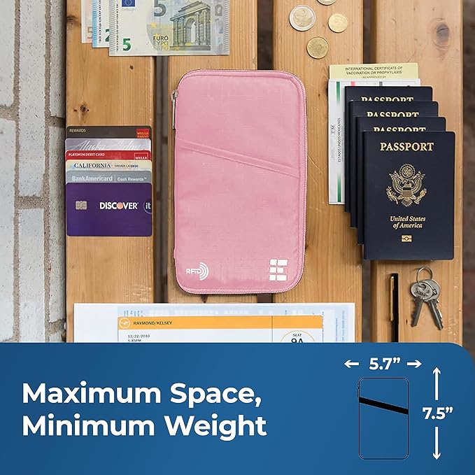 Passport Holder Family up to 6 Passports, Large Passport Wallet and Premium Travel Document Holder Organizer with RFID Anti-Theft Blocking - 7 Bonus RFID Blocking Sleeves - Rose