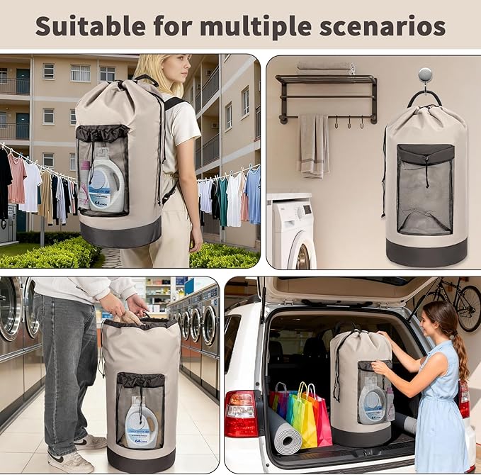 Laundry Bag Backpack with 3 Sizes Mesh Wash Bags and Shoulder Straps Foldable Clothes Hamper Bag with Drawstring Closure for College, Apartment, Laundromat (Grey)
