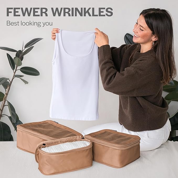 Aerotrunk Compression Packing Cubes for Travel - Luggage Organizer Bags - Double Zipper Packing Cubes for Suitcases (6-Pack, Mocha)