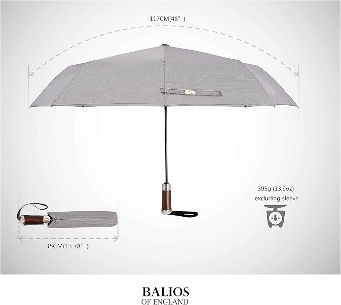 Balios (Designed in UK) Travel Umbrella Luxurious Golden Hardwood Handle Auto Open & Close Windproof Frame Single Canopy Automatic Folding Umbrella Men's & Ladies