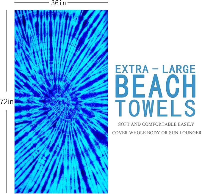 4 Packs Oversized Thin Beach Towel Set, 36 x 72 in XL Extra Large Big Soft Pool Swim Travel Towels Clearance for Adult Women Men Lounge Chair Cover Accessories Essentials Navy Blue Fish Blue Vortex