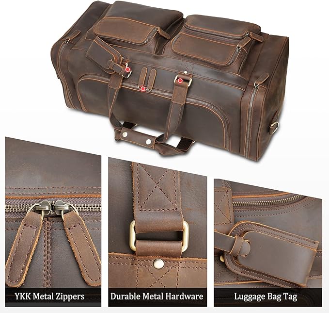 Polare 26" Leather Duffel Weekender Travel Bag For Men With Full Grain Cowhide Leather 56L