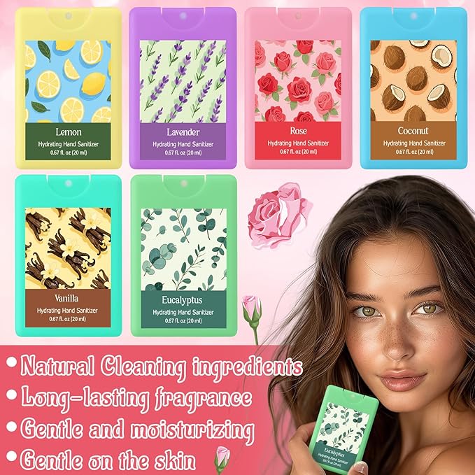 6 Pack Hand Sanitizer Spray Travel Size Scented Hydrating Hand Sanitizers Power Mist Refillable Portable Pocket for Travel Gym Spring Summer Sport Event Supplies