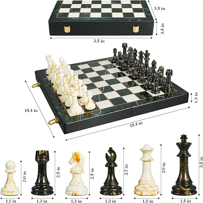 15" Large Chess Set for Adults with Extra 2 Queens, Weighted Acrylic Pieces-3.5" King w/Leather Base, Portable Folding Marbling Wooden Chess Board - Travel/Family Game & Elegant Gift