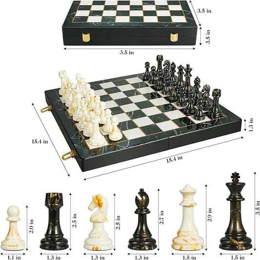 15" Large Chess Set for Adults with Extra 2 Queens, Weighted Acrylic Pieces-3.5" King w/Leather Base, Portable Folding Marbling Wooden Chess Board - Travel/Family Game & Elegant Gift