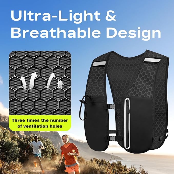 Running Vest for Women Men with 1.5L Water Bag，Lightweight Mesh,Breathable,sweatproof,Adjustable Chest Waist Straps, Large-Capacity Pocket，Reflective Design Hiking Vest for Hiking、 Marathons、Cycling
