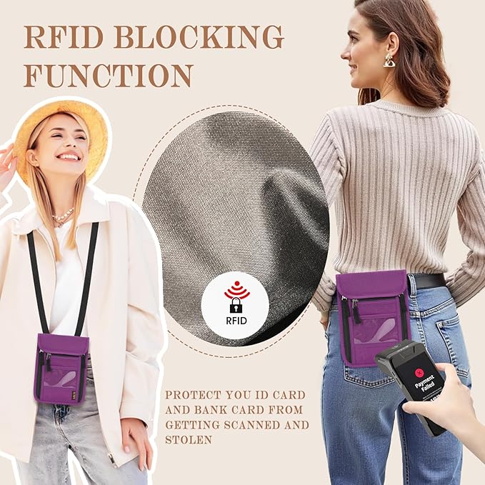Passport Holder for Travel, Neck Pouch Travel Wallet With RFID Blocking, Waterproof Lightweight Passport Wallet for Women and Men (Purple)