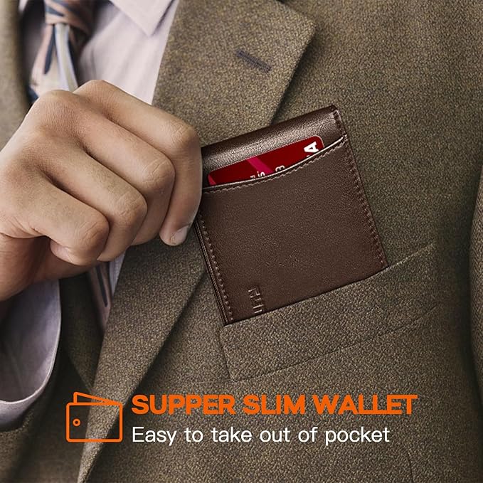 RUNBOX Slim Wallet for Men Genuine Leather RFID Blocking Bifold Minimalist Front Pocket Mens Wallet with Money Clip Thin Gift Box