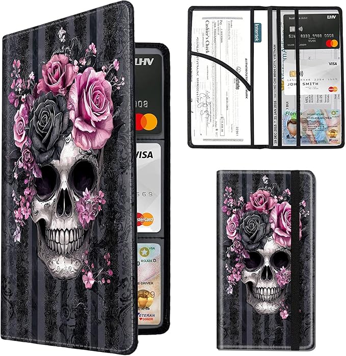 Car Registration and Insurance Holder,Leather Insurance License and Registration Card Holder for Car Glove Box, Auto Truck Document Holder Organizer for Men Women-Pink Black Rose Skull