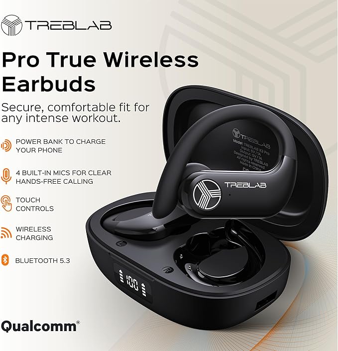 TREBLAB X3 Pro Wireless Ear Buds Bluetooth, 145H Long Battery Life Workout Headphones with Secure Ear Hooks, Bluetooth 5.3 Sport Over Ear Earbuds,Noise Isolation, IPX5 Sweatproof Earphones, 4 ENC Mics
