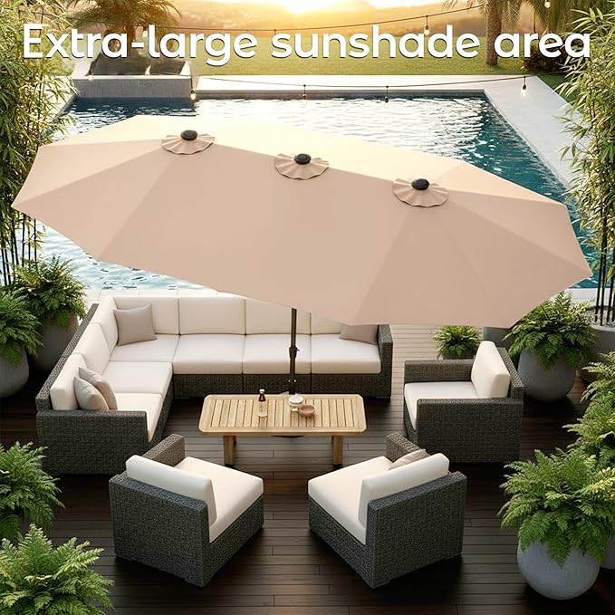 DomeShade 15ft Patio Umbrella with Base,Large Outdoor Double-Sided Rectangle Umbrella with Crank Handle, Market Umbrella for Poolside Garden Deck Backyard Beach Pools, Beige