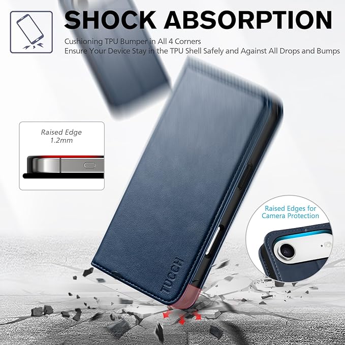 TUCCH Case Wallet for iPhone Air (6.5-Inch) 2025, 3 Card Slots | Kickstand | RFID Blocking | PU Leather | Protective Flip Folio Cover | TPU Shockproof Interior Shell | Deep Blue