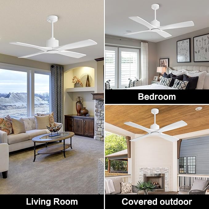 WINGBO 54" DC Ceiling Fan without Lights, 4 Carved Solid Wood Blades, 6-Speed Noiseless Reversible DC Motor, Modern Ceiling Fan No Light with Remote, Gloss White Finish with White Blades, ETL Listed