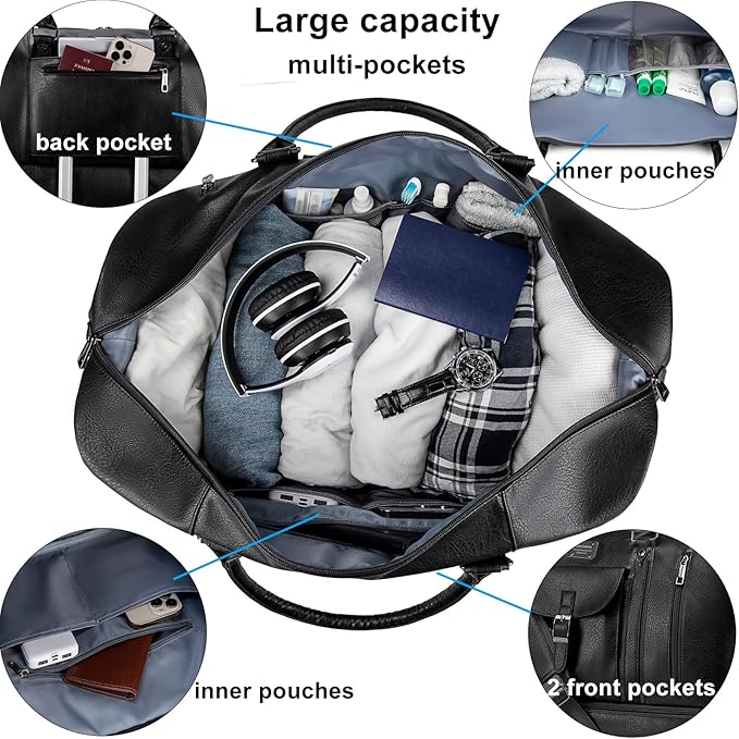 weiatas Faux Leather Travel Duffel Bag for Women Men, Large Weekender Overnight Bag with Shoes Compartment, Waterproof Carry On Bag Travel Tote Bag Gym Bag with Luggage Strap (Black)