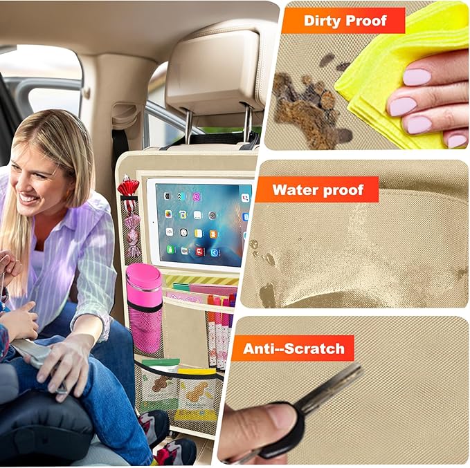 Car Backseat Organizer ，2 Pack Car Organizer Back Seat with 11" Tablet Holder, 10 Storage Pockets Seat Back Protectors Kick Mats for Kids Toddlers, Travel Accessories (Beige)