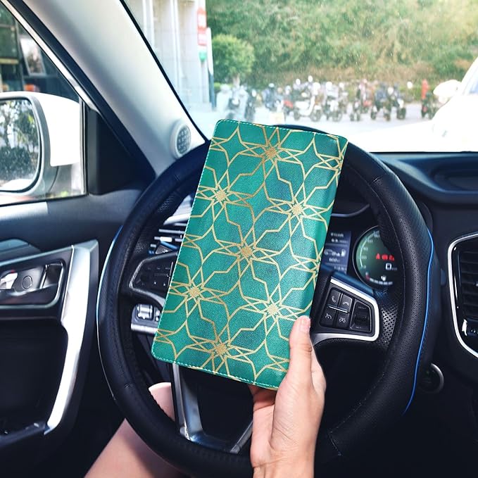 linqin Car Registration and Insurance Card Holder, Golden Teal Pattern Glove Box Organizer Card Document Wallet