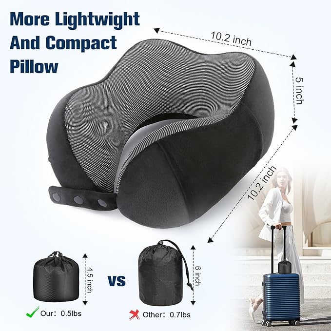 Neck Pillow for Traveling, Travel Pillows for Airplanes,100% Pure Memory Foam Travel Neck Pillow, Adjustable Flight Pillow, Portable Plane Accessories with Eye Mask, Earplugs, Carry Bag