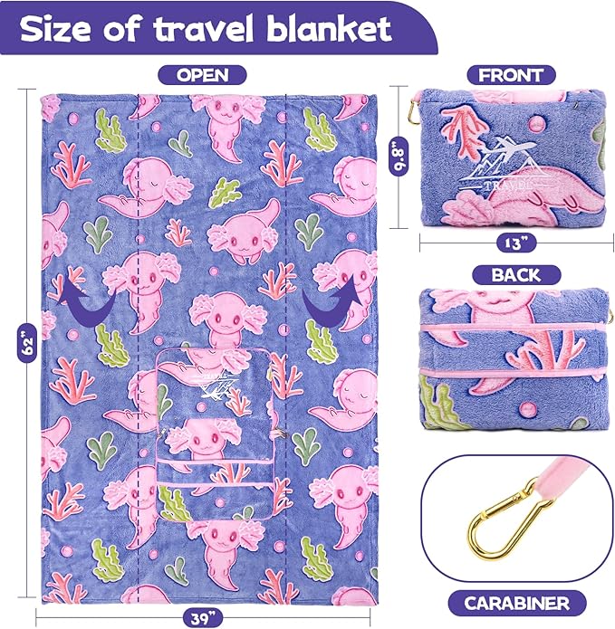 Axolotl Blanket for Airplane Travel - Glow in The Dark Kids Travel Blanket Pillow Set for Plane, Car - Axolotl Gifts Toys for Girls, Small Soft Purple Fleece Throw for Teens Girls 40" x 60"