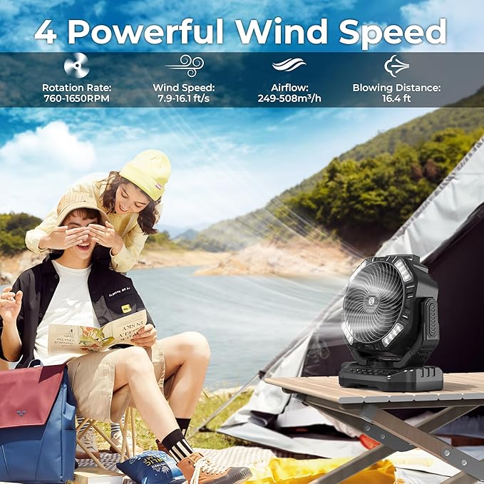 20000mAh Camping Fan with Light - 12in Rechargeable Battery Powered Fan (68H Cool Max), 90°Auto Oscillating with Remote & Hook, 4 Speeds & Timers for Outdoor/Patio/Garage/Jobsite/Hurricane/Outage