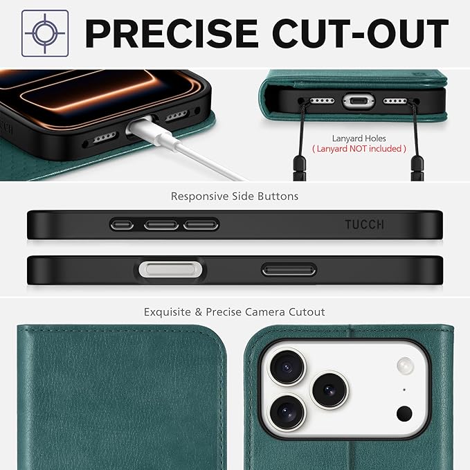 TUCCH Wallet Case for iPhone 17 Pro Max (6.9-Inch) 2025, 3 Credit Card Slot | RFID Blocking | Stand | PU Leather | Shockproof TPU Interior Shell | Protective Flip Folio Cover | Teal Blue
