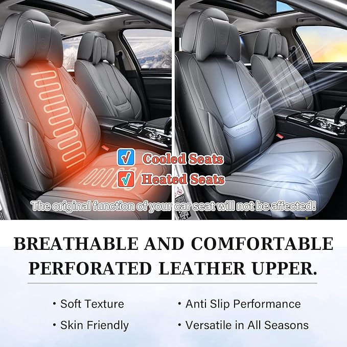 Coverado Universal Seat Covers Full Set, 5 Seats Universal Seat Covers for Cars, Waterproof Nappa Leather Car Seat Covers with Head Pillow, Auto Protectors Fit for Most Sedans SUV Pick-up Truck-Gray