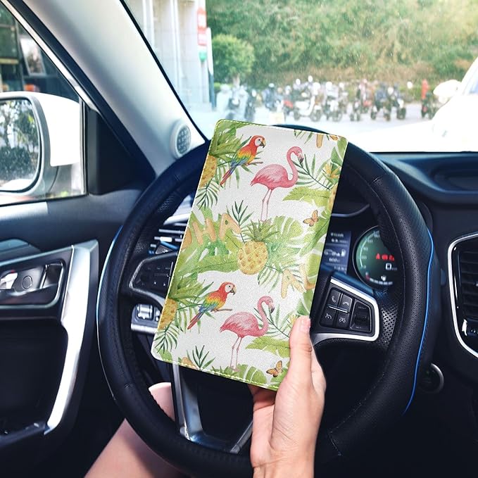 linqin Car Registration and Insurance Card Holder, Tropical Birds Flamingos Glove Box Organizer Card Document Wallet