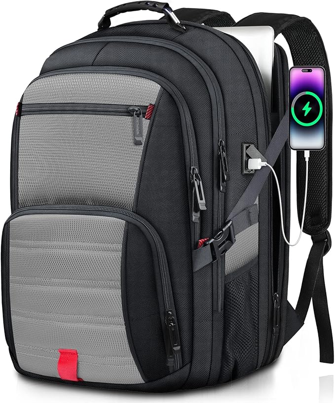Extra Large Laptop Backpack for Men, Travel Backpack,Big Backpack, 50L Water Resistant School Business Work Computer College Heavy Duty Bag with USB Port, Fits 17 Inch Laptop, Grey