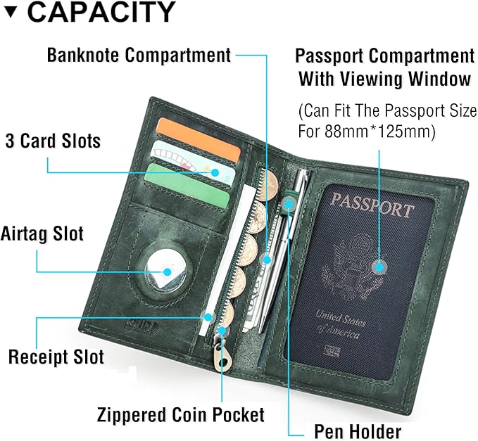Top Grain Leather Single Travel Passport Wallet Holder for Man & Woman, Folio Design for Passport & Multi Cards, RFID Blocking Large Capacity for Passport/Cards/Checks/Bills/AirTag, Green