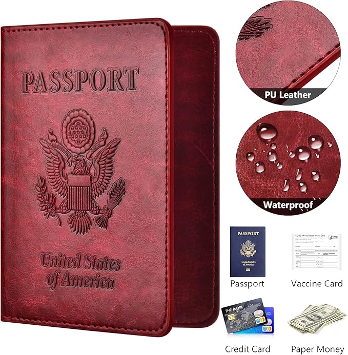 Passport and Vaccine Card Holder Combo with Vaccine Card Slot, Passport Wallet/ Cover/Case/Holder for Women and Men（AC-Wine red）
