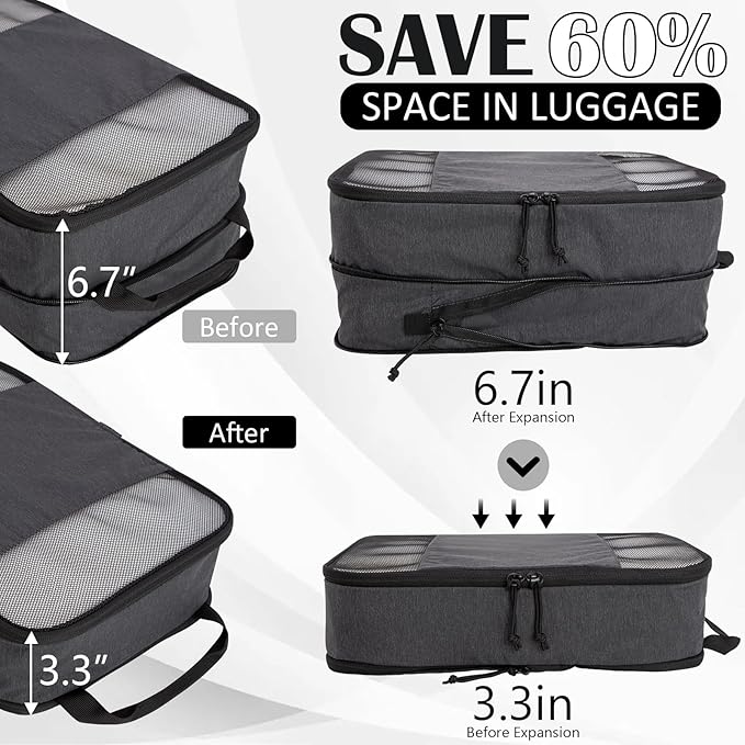 Extra Large Compression Packing Cubes for Travel Essentials, 2 Set Expandable Compression Bags for Travel Packing Cubes for Suitcase Luggage Organizer Bags, Black Mesh