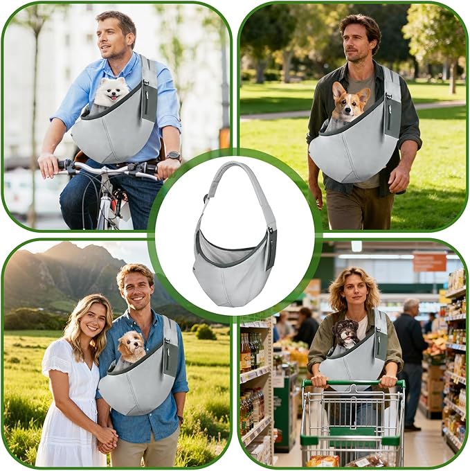 Bartuke Dog Carrier Sling, Hands Free Pet Sling Carriers for Small Dogs and Cats, Thick Padded Shoulder Strap Adjustable Dog Carriers with Storage Pocket, Water-Resistant Puppy Carrier Purse, Grey