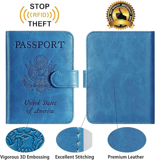 Passport Holder Cover Wallet RFID Blocking Leather Card Case Travel Accessories for Women Men (Blue)
