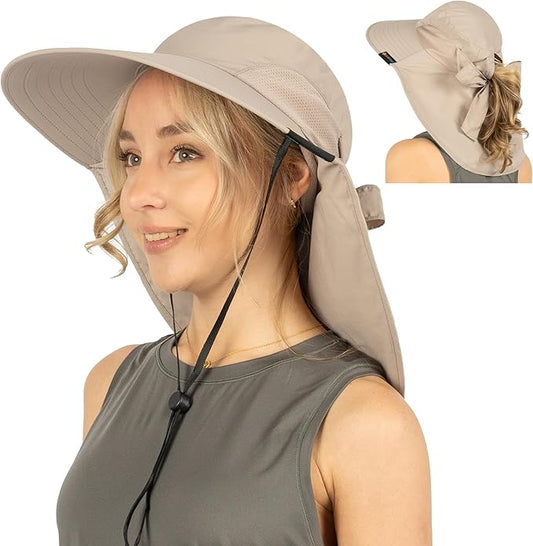 SUN CUBE Wide Brim Sun Hat with Neck Flap, UPF50+ Hiking Safari Fishing Hat for Men Women, Sun Protection Beach Hat