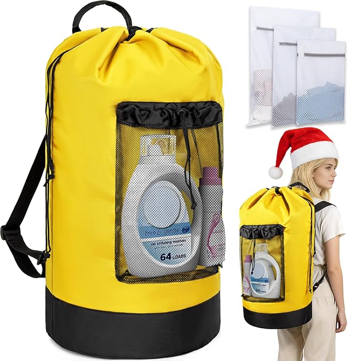 Laundry Bag Backpack with 3 Sizes Mesh Wash Bags and Shoulder Straps Foldable Clothes Hamper Bag with Drawstring Closure for College, Apartment, Laundromat (Yellow)