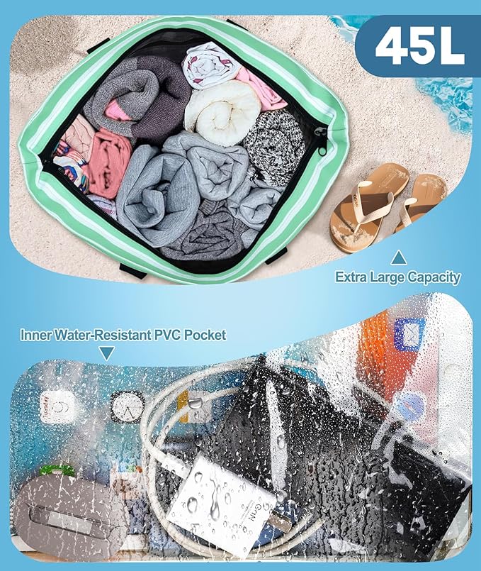 Extra Large Beach Bag Waterproof Beach Totes Bags for Women, Lightweight Foldable Pool Bag with Zipper Wet Compartment