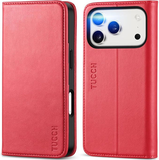 TUCCH Case Wallet for iPhone 17 Pro (6.3") 2025, RFID Blocking, 3 Card Holders, Kickstand, PU Leather, Protective Flip Folio Cover, TPU Shockproof Interior Shell, Bright Red