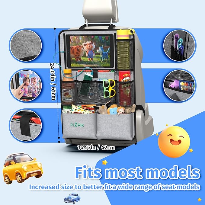 Car Backseat Organizer with Tablet Holder,11 Storage Pockets with Foldable Food Tray, Protector Kick Mats for Kids, Travel Accessories Organizer (Gray, 2Pack)