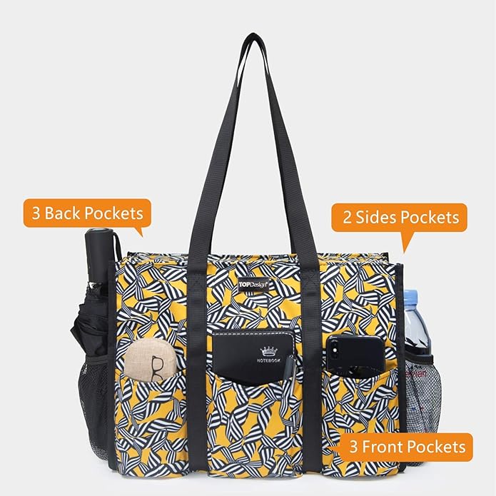 TOPDesign Utility Water Resistant Tote Bag with 13 Pockets, Top Zipper Closure & Thick Bottom Support, for Working Women