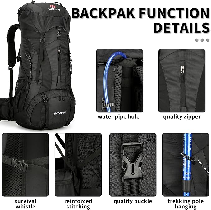 Hiking Backpack for Men and Women 70L+5L Waterproof Lightweight Camping Daypack with Rain Cover - Frameless (black-b)