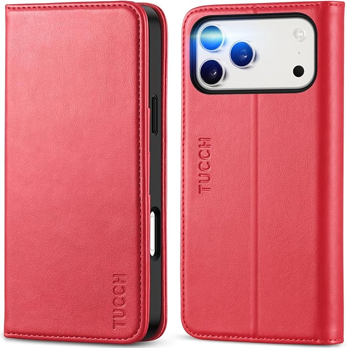 TUCCH Case Wallet for iPhone 17 Pro Max (6.9") 2025, RFID Blocking, 3 Card Holders, Kickstand, PU Leather, Protective Flip Folio Cover, TPU Shockproof Interior Shell, Bright Red