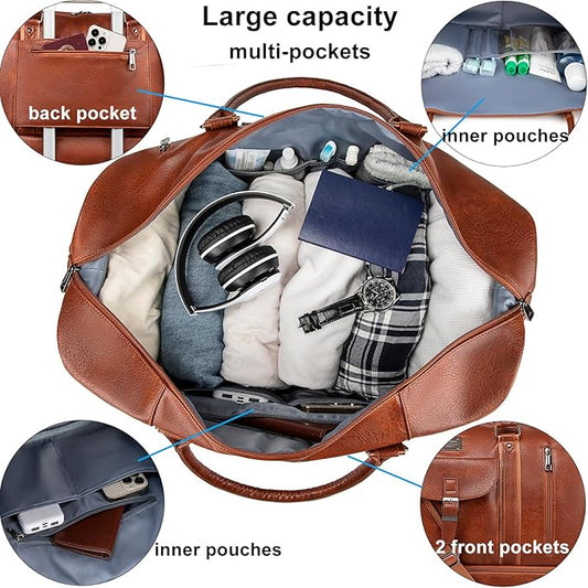 weiatas Faux Leather Travel Duffel Bag for Women Men, Large Weekender Overnight Bag with Shoes Compartment, Waterproof Carry On Bag Travel Tote Bag Gym Bag with Luggage Strap (Brown)