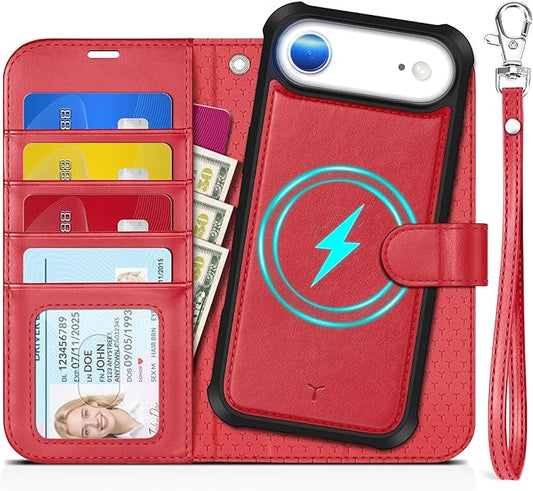TUCCH 2-in-1 Removable Case Wallet for iPhone Air (6.5") 2025, Detachable Wrist Strap, 4 Card Holders RFID Blocking, Wireless Charging, Stand, Magnetic, PU Leather, Shockproof Folio Cover, Red