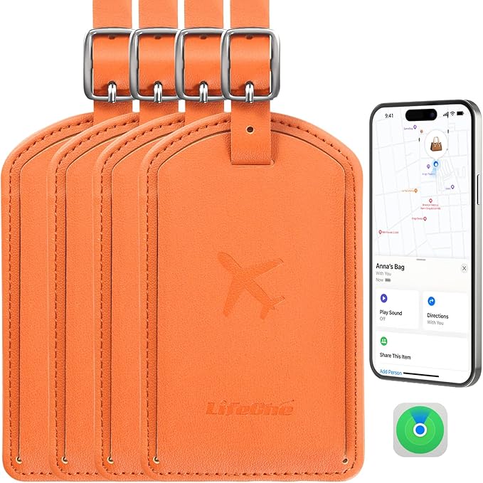 Luggage Tags Built-in Anti-Loss Tracker, Luxury Leather Luggage Tags for Suitcase, Travel Bags, Backpacks, Travel Organizer for Lost Baggage Prevention (Orange*4 Pack)