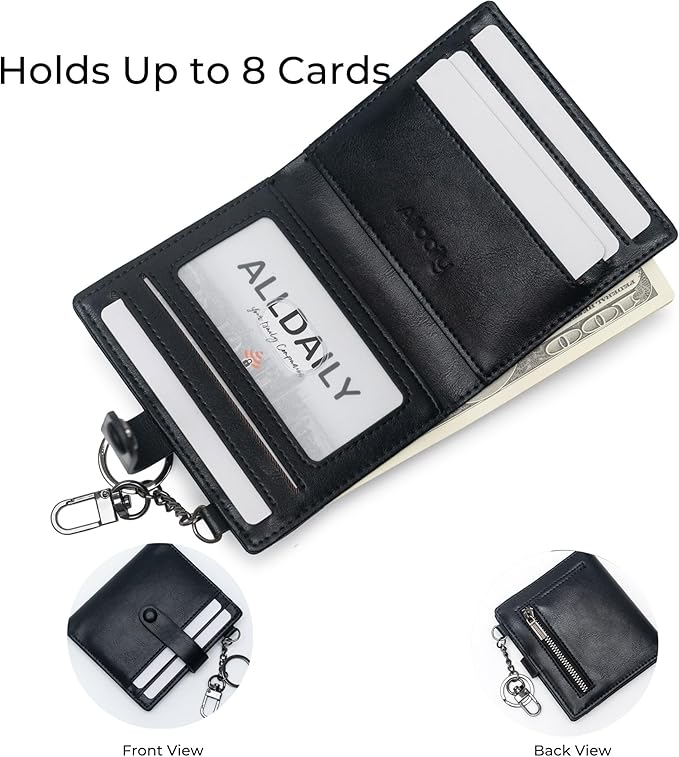 Alldaily Slim Keychain Wallet for Women, RFID Blocking Small Bifold Travel Credit Card Holder (Black)