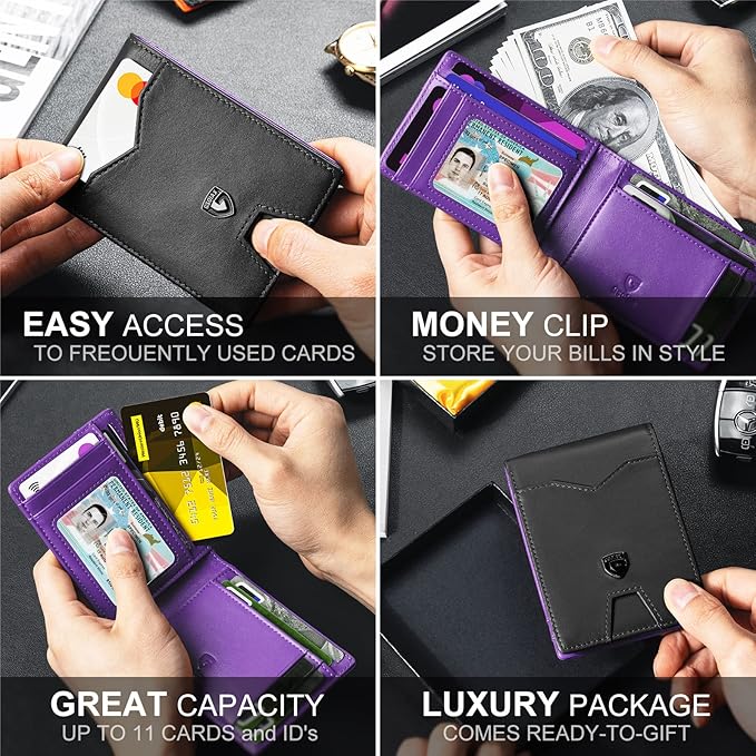 GSOIAX Mens Slim Wallet for Men Minimalist Genuine Leather Carbon Fiber Rfid Blocking Bifold Credit Card Holder With Gift Box (Black and Purple)