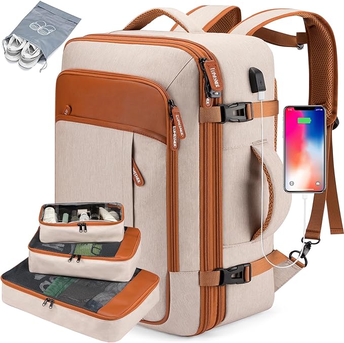 Lumesner Carry on Travel Backpacks, Extra Large 40L Flight Approved for Men & Women,Expandable Suitcase backpack (Beige (Backpack With 4 Packing Cubes))