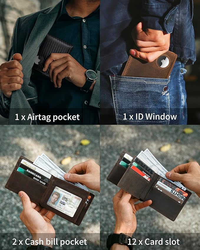 Mens Wallet With AirTag Holder, Bifold Leather RFID Blocking 1-2 ID Windows 12-13 Card Holders, Gift Box and Screen Protector Included, AirTag Not Included