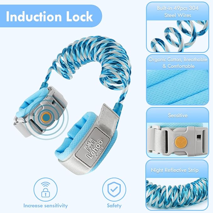 Lehoo Castle Kid Leash, 4.9ft Anti Lost Wrist Link for Toddlers with Induction Lock, Reflective Toddler Wrist Leash, Child Leash Harness, Leash for Kids (Light Blue)