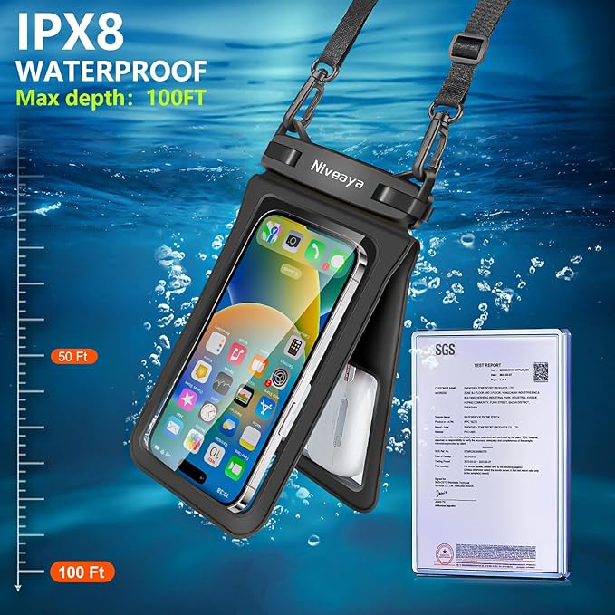Niveaya Double Space Waterproof Phone Pouch - 2 Pack, Waterproof Phone Lanyard Case with iPhone 16/15/14/13/12 Pro Max up to 8.3", Phone Dry Bags for Vacation Beach Pool Kayak Cruise Travel Essentials